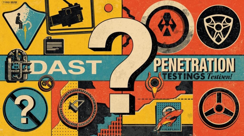 DAST vs Penetration Testing: 5 Critical Differences Explained 🧪 7 Vintage-style cybersecurity poster with question mark, digital security icons, and retro colors.