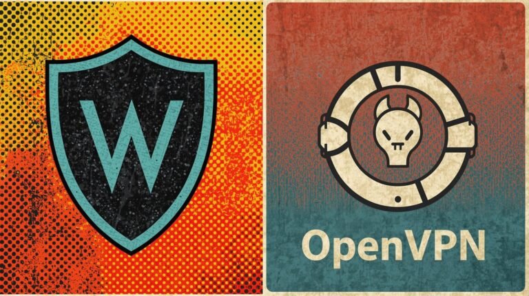 Dual design: vibrant shield with W left, vintage skull icon and OpenVPN right.