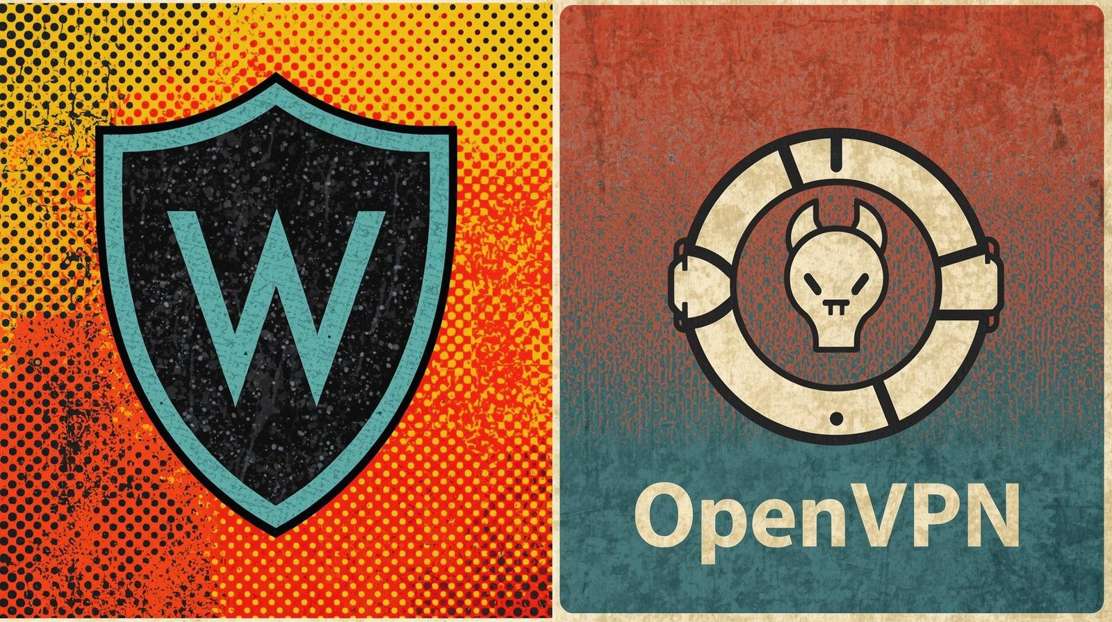 Dual design: vibrant shield with W left, vintage skull icon and OpenVPN right.