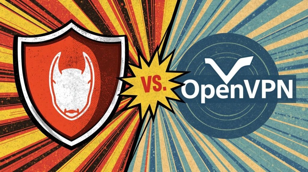Comparison of red shield and blue OpenVPN emblem in retro comic style.