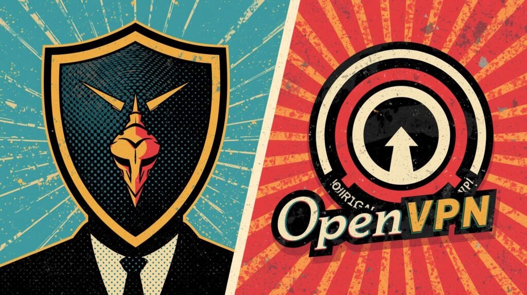 Cybersecurity-themed poster featuring a Spartan shield and OpenVPN logo with dynamic rays and bold colors.