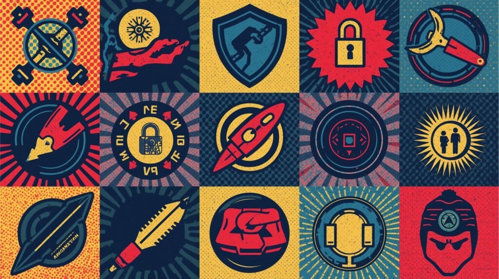 Stylized retro grid of vibrant symbols: security, technology, exploration, communication, adventure, secrecy.