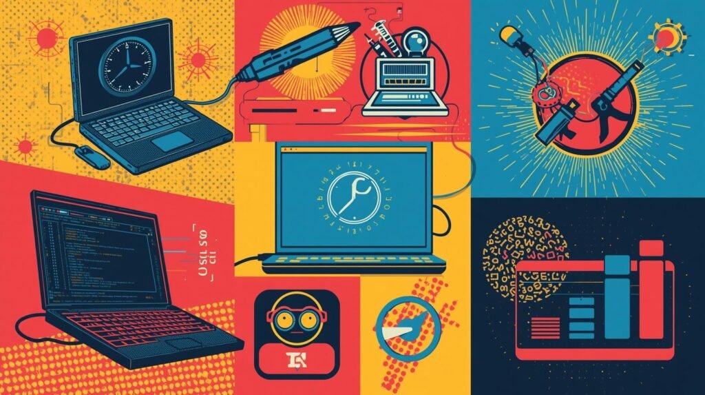 Vibrant tech illustration featuring laptops, tools, gears, AI, data analysis, and innovation.