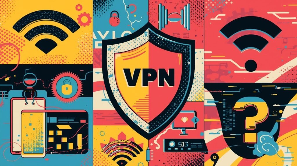 Digital security and connectivity: Wi-Fi, VPN, AI, network patterns, encryption symbols.