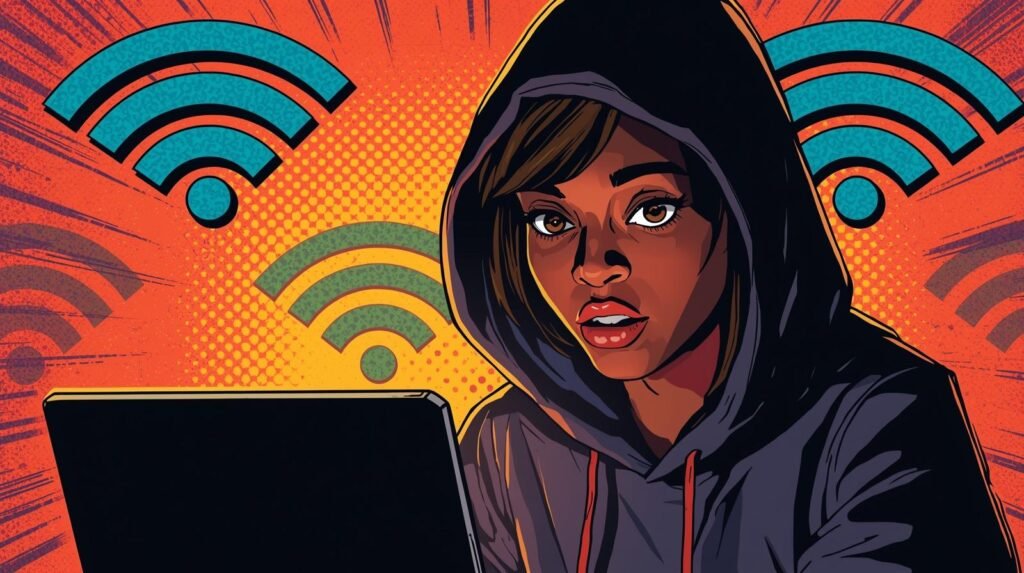 WiFi Monitor Mode Problems: Why Your Adapter Refuses to Listen 📡 4 Mystery person in hoodie engrossed in glowing laptop surrounded by vibrant digital patterns.