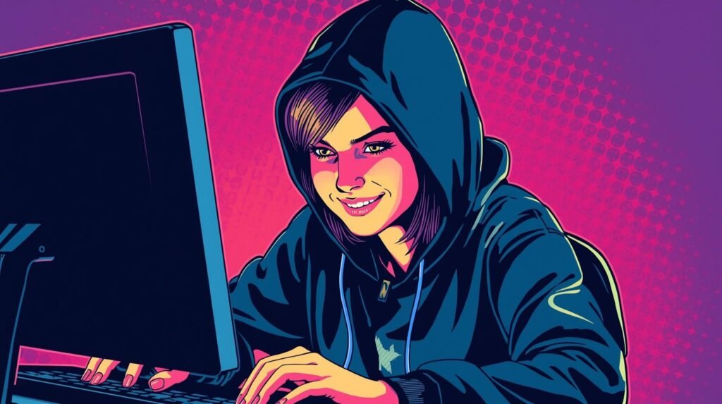 Digital illustration of a focused programmer in a dark hoodie, using a computer.