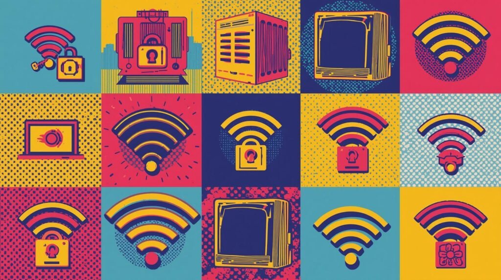 Retro pop-art collage of technology symbols, Wi-Fi, and security themes in vibrant colors.