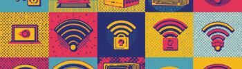 Retro pop-art collage of technology symbols, Wi-Fi, and security themes in vibrant colors.