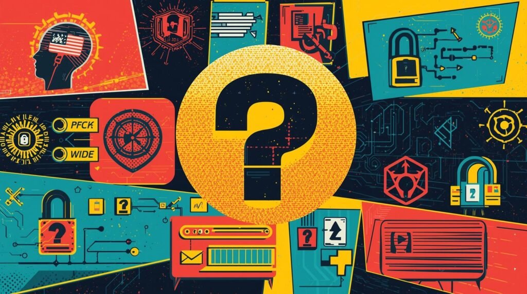 Cybersecurity collage illustrating technology, encryption, and data with vibrant symbols and question mark.