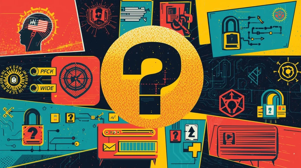 Cybersecurity collage illustrating technology, encryption, and data with vibrant symbols and question mark.
