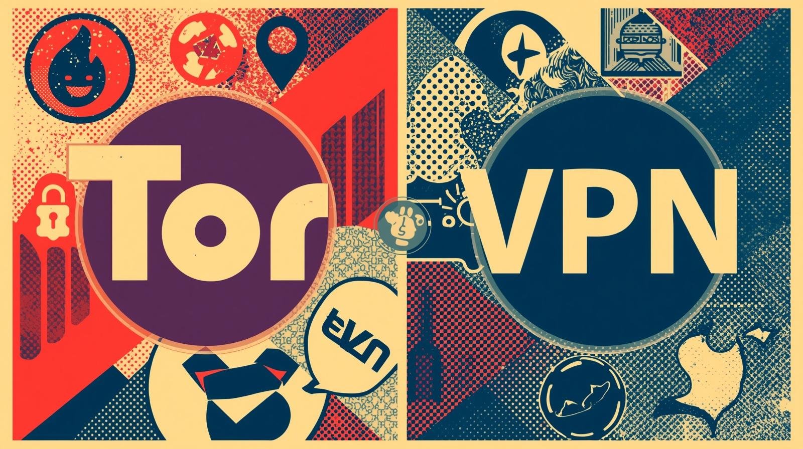 Comparison of Tor and VPN with pop-art style icons for digital privacy and security.