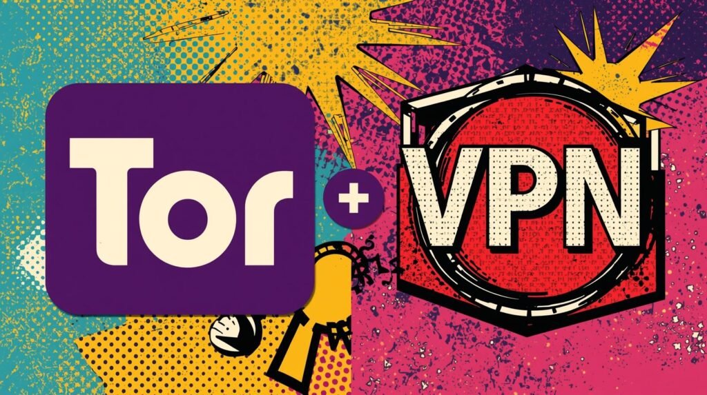 Tor VPN comic-style digital collage combining vibrant colors for online privacy concepts.