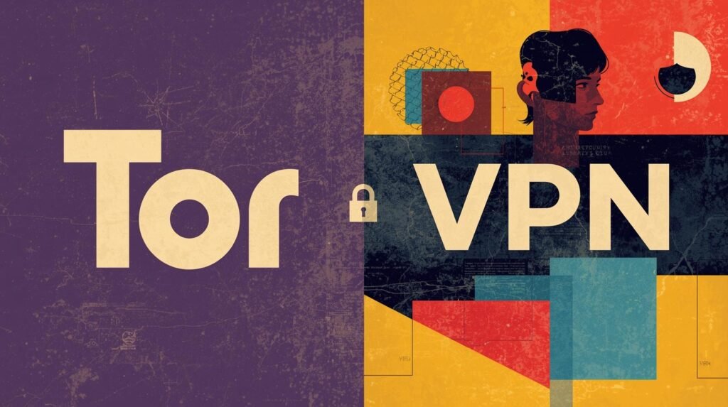 Tor and VPN security represented with vintage retro design, colorful shapes, and privacy lock icon.