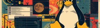 Vibrant Linux penguin illustration with tech motifs and coding elements.