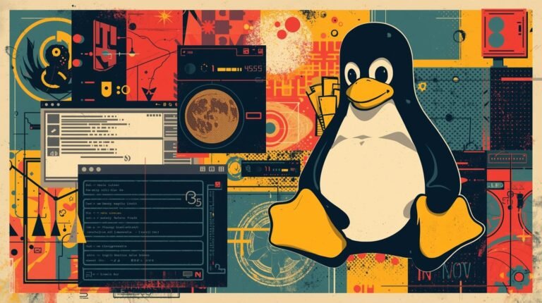 Vibrant Linux penguin illustration with tech motifs and coding elements.