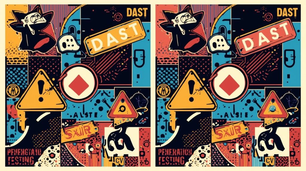 DAST vs Penetration Testing: 5 Critical Differences Explained 🧪 6 Vibrant mirrored panels with symbols, vivid colors, caution signs, and cartoonish figures.
