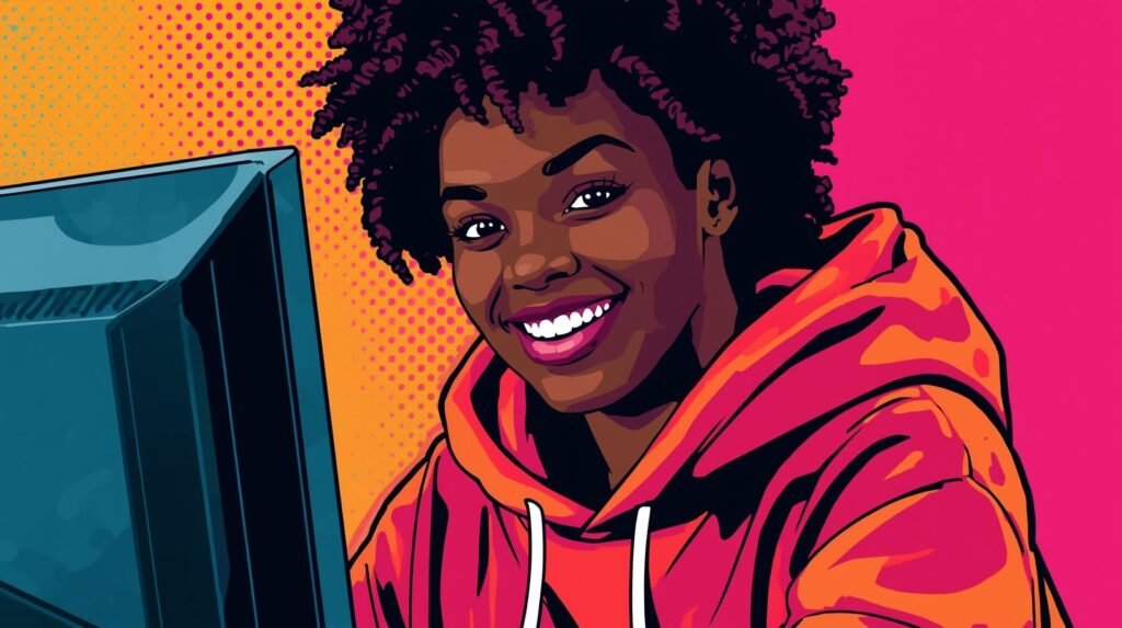 Joyful person in pop-art style, vibrant colors, using computer in dynamic, modern scene.