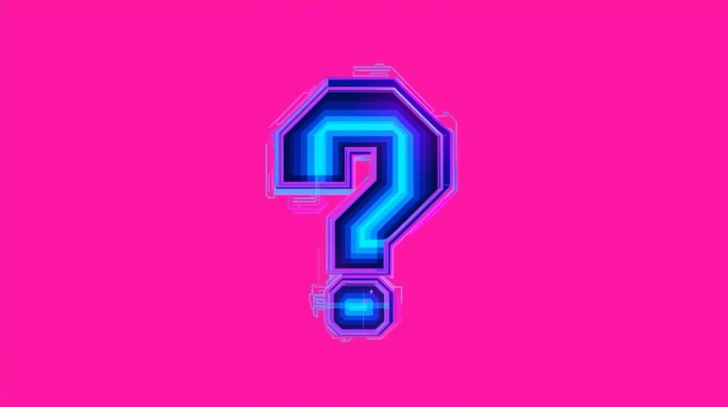 Futuristic blue question mark on vivid pink background, exploring mystery and modernity.