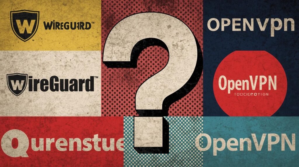VPN logos collage: WireGuard vs OpenVPN with a vintage question mark.