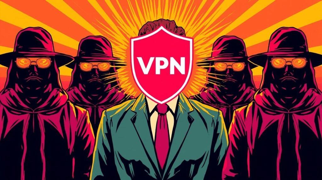 VPN illustration showing digital privacy shield against mysterious threats in vivid colors.