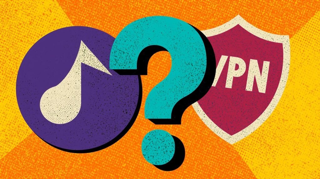 Colorful composition with a teal question mark, VPN shield, and droplet emblem on orange background.