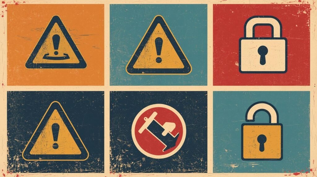 Discord Nitro Scams Explained: How They Work and How to Avoid Them 🎭 5 Safety and security icons grid with warning, caution, and padlock symbols.