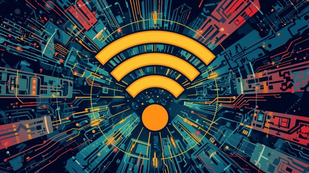 Futuristic Wi-Fi symbol on vibrant abstract network background, illustrating connectivity and technology.