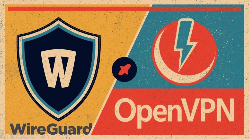 Comparison of WireGuard vs OpenVPN logos with a vintage design aesthetic.