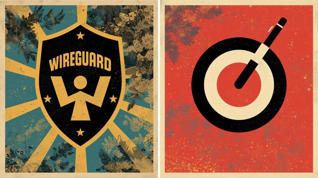 Vintage WireGuard shield and target illustration emphasizing security and focus.