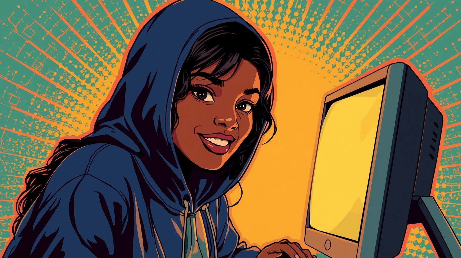 Young woman in blue hoodie using computer, embodying creativity and technology.