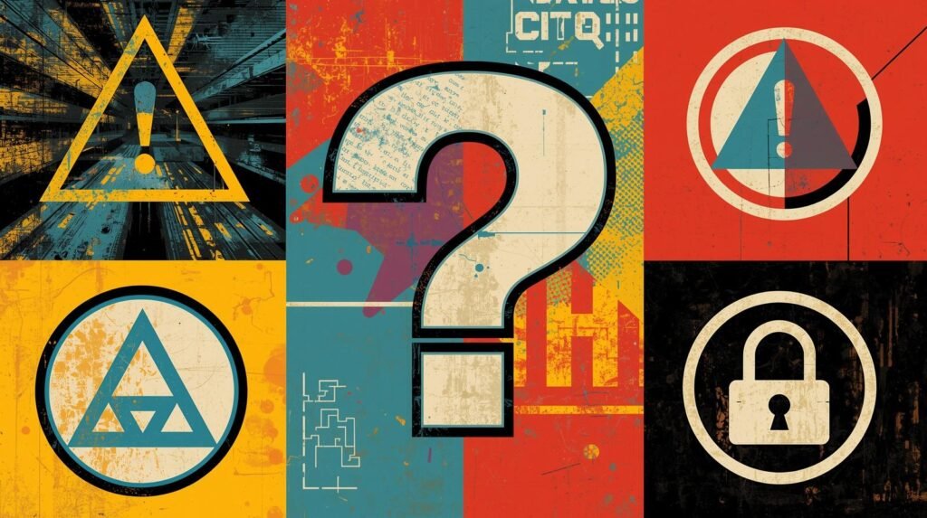 Epic Games account hacked: question mark collage with warning, security, and cryptic symbols.