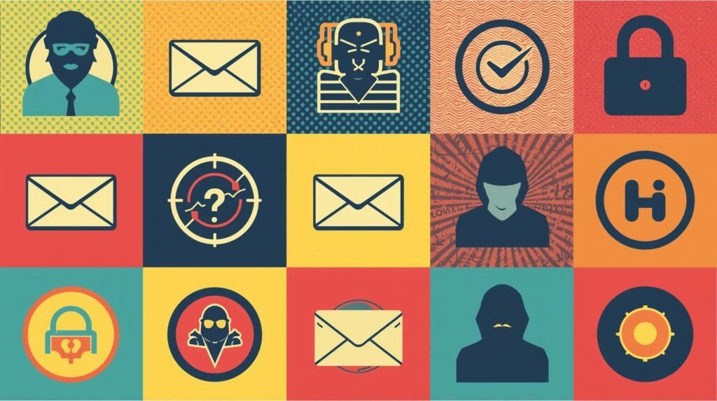 Cybersecurity and communication icons grid in muted colors, featuring anonymity and security themes.