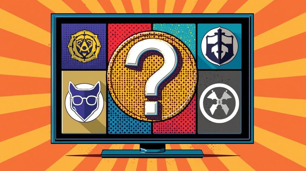 Colorful comic-style TV screen with a question mark and mysterious emblems.