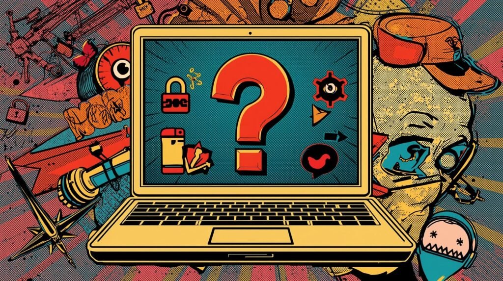 Surreal pop art collage of technology, security, and human experience with vivid colors.