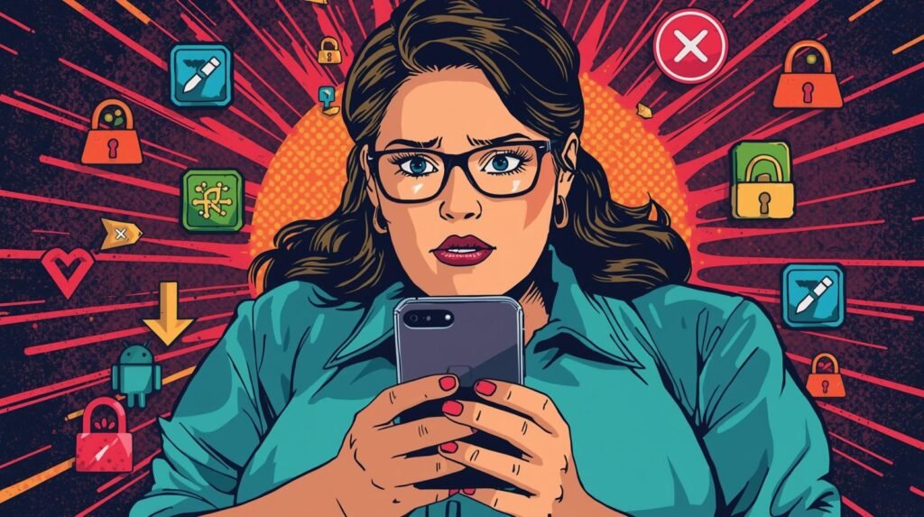 Anxious woman checking smartphone, pop-art style, surrounded by digital security icons.