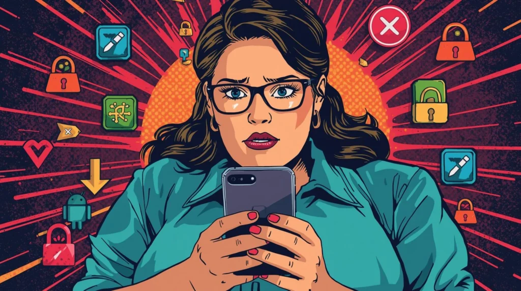 Android Phone Hacked? 9 Dangerous Signs You Shouldn’t Ignore 📱 4 Anxious woman checking smartphone, pop-art style, surrounded by digital security icons.