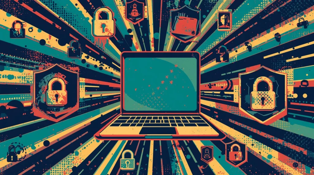 Vibrant digital artwork showcasing cybersecurity symbols and connectivity around a retro laptop.