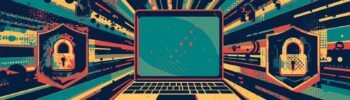 Vibrant digital artwork showcasing cybersecurity symbols and connectivity around a retro laptop.