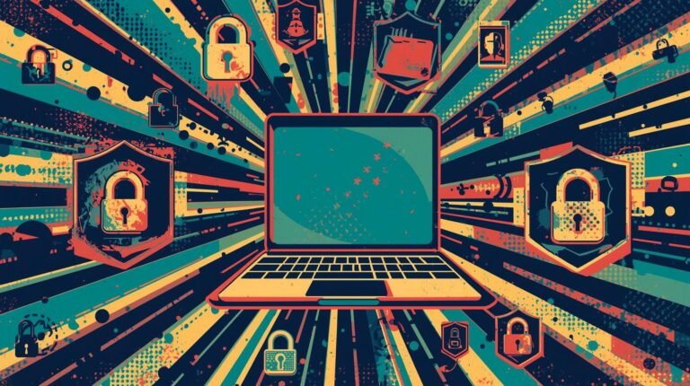 Vibrant digital artwork showcasing cybersecurity symbols and connectivity around a retro laptop.