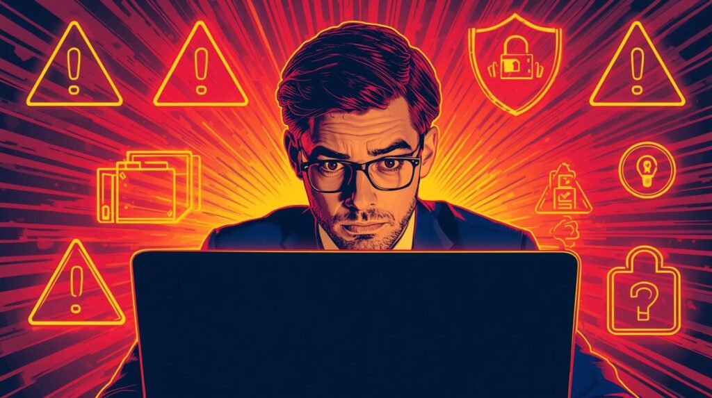 Man focused on cybersecurity threat management: data security, bare metal vs VM analysis.
