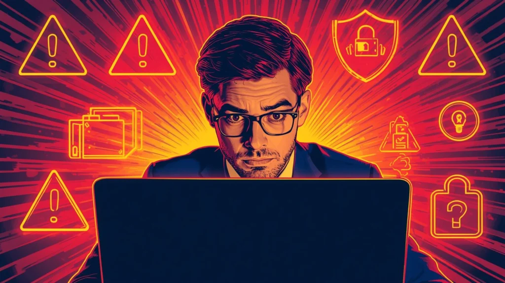 Man focused on cybersecurity threat management: data security, bare metal vs VM analysis.