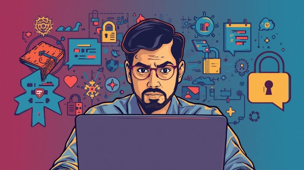 Tech professional focused on cybersecurity and innovation with a colorful digital background.