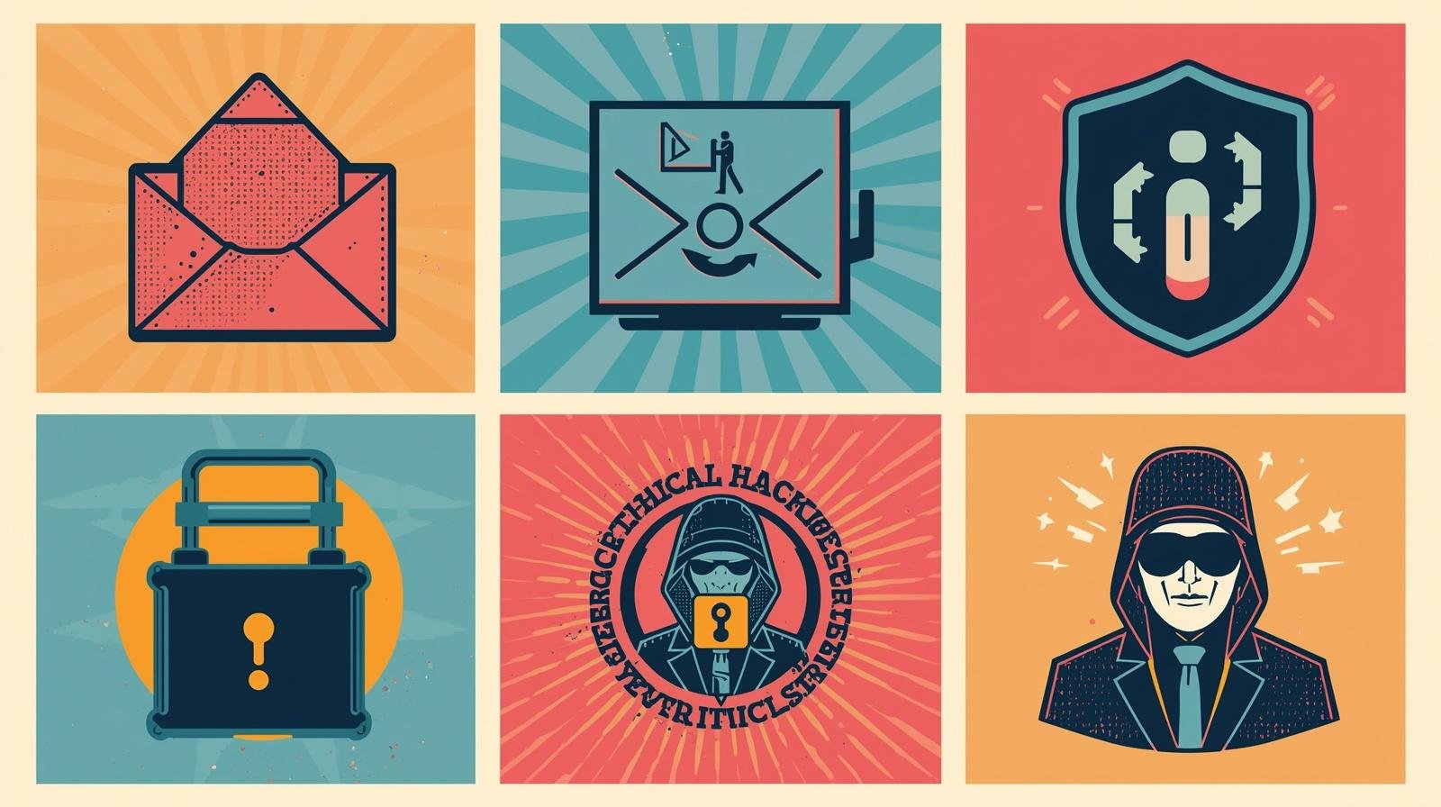 Cybersecurity icons: email safety, coding, data protection, access control, ethical hacking, hacker imagery.