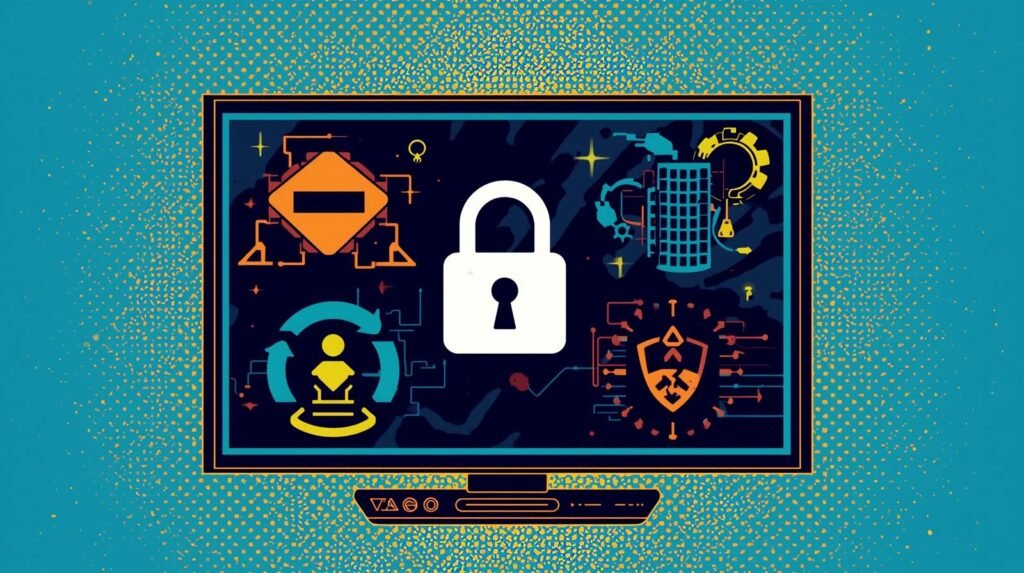 Cybersecurity interface with padlock, circuit patterns, warning sign, and digital protection symbols.