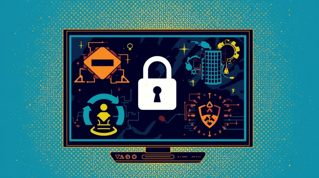 Smart TV Hacked? 7 Warning Signs You Must Know 📺 3 Cybersecurity interface with padlock, circuit patterns, warning sign, and digital protection symbols.