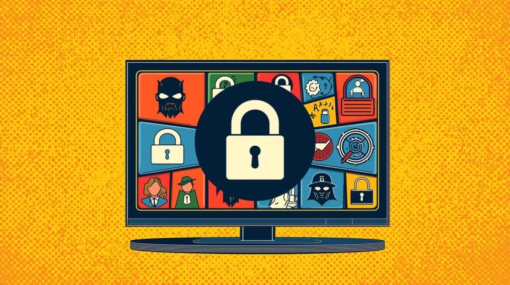 Television displaying cybersecurity icons, padlock central, against dynamic orange background.