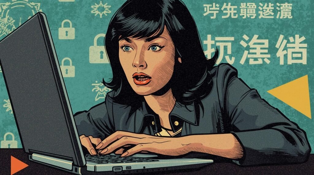 Retro comic-style woman in shock at laptop; cybersecurity threat illustrated with icons and symbols.