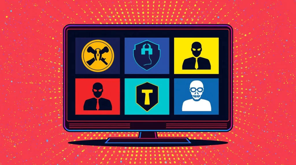Cybersecurity icons on dynamic TV screen with themes of hacking, protection, and anonymity.