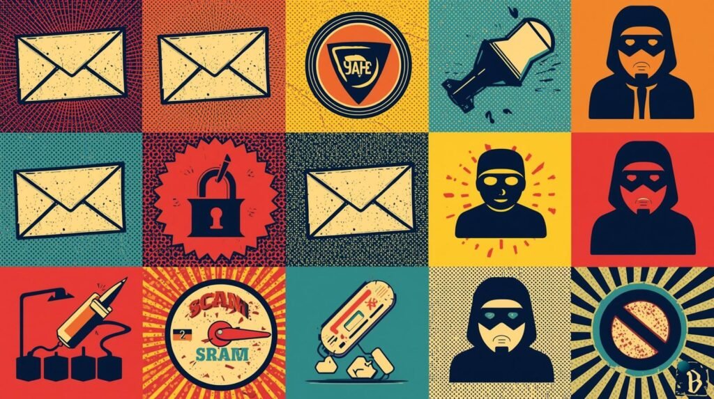 Vintage pop-art collage depicting cybersecurity themes: communication, security, anonymity, and online privacy.