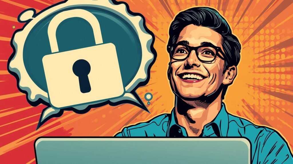 Pop-art illustration of confident man with glasses, symbolizing cybersecurity with padlock icon